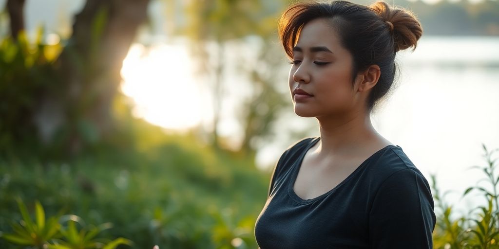 Person meditating peacefully outdoors in nature.
