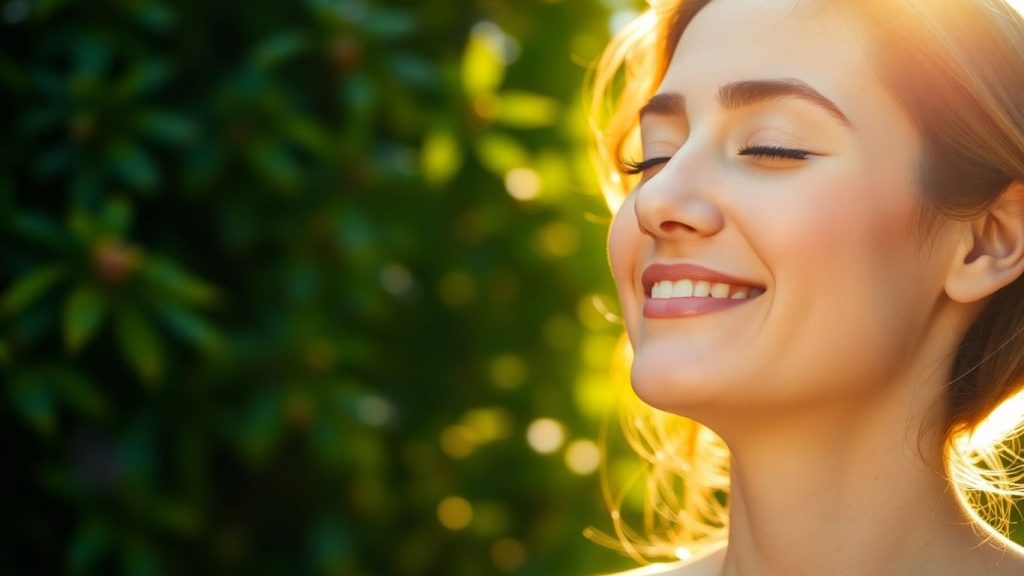 Person smiling serenely in warm sunlight.