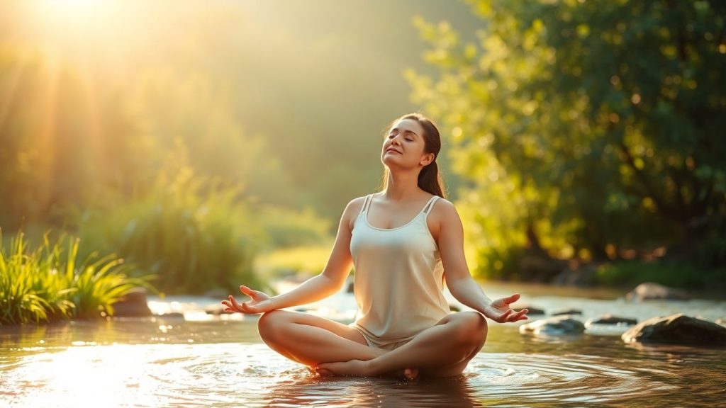 Person meditating peacefully in nature, feeling calm and tranquil.