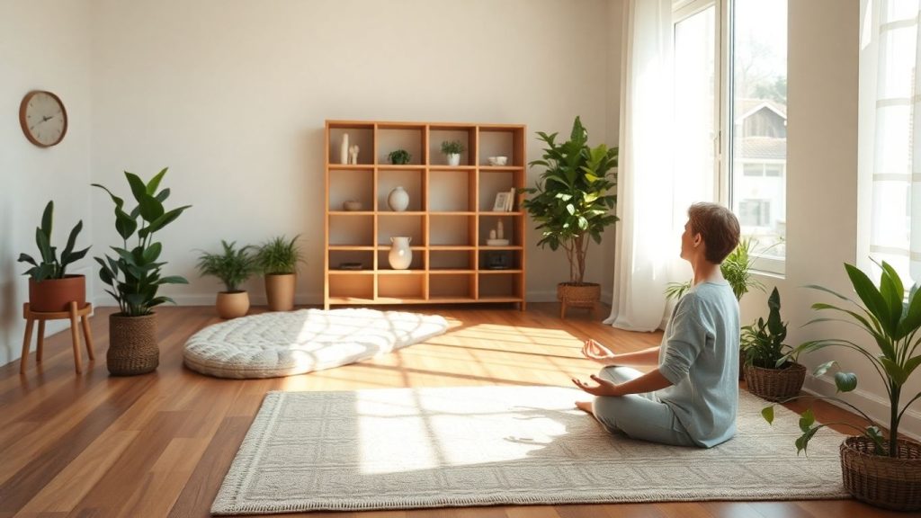 Person meditating peacefully in a sunlit living room with plants.