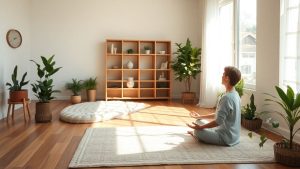 Person meditating peacefully in a sunlit living room with plants.