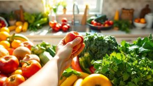 Fresh fruits and vegetables on a kitchen counter.