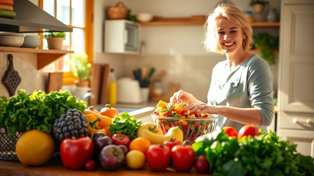 Person preparing a healthy salad in a bright kitchen.