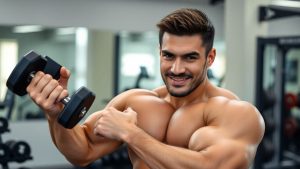 Muscular man lifting weights in a gym.